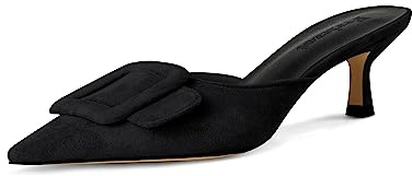 Fericzot Mule Slippers for Women,Slingback Buckle Pumps Pointed Toe Kitten Heels Shoes Slides Backless Dress Sandals Black 8