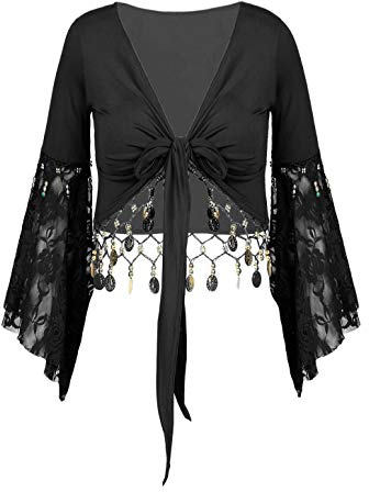 TiaoBug Damen Bauchtanz Kostüm Oberteil Langarm Spitzen Trompetenärmel Jäckchen Binden Top Knoten Shirts Bluse mit Münze Quasten