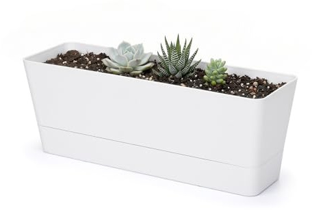 Greaner, 1 rechteckiger Kräuterkasten mit Untersetzer, 30,5 × 9,7 cm, weißer Pflanzkasten aus Kunststoff – für Sukkulenten, Blumen und Kräuter, ideal für Fensterbank, Garten, Balkon, Büro und