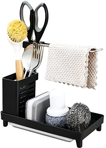 Duschablage Ohne Bohren Spülbecken Organizer Küchen Organizer Badezimmer Organizer Spüllappenhalter Schwammhalte mit Abtropfschale für Bürste Spüllappen Sink Organizer Küche Badezimmer (Schwarz A)