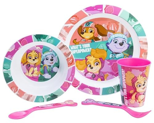 Microwave Safe 5pcs Character Animation 2023 Cartoon Dinner Tableware Set Plate, Bowl, Cup, Fork, Spoon BPA Free re-usable Plastic (Paw Patrol Girl Skye)