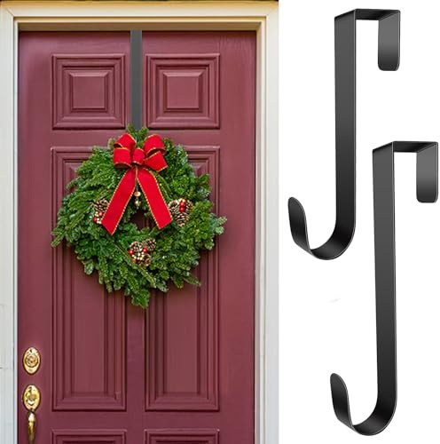 Türhaken zum Einhängen Innenseite,Kranz Aufhänger Türhaken für Weihnachten Tür,Schwarze Kleiderhaken für Tür innen,Platzsparende Türgarderobe für Rückseite der Tür,Schwarzer Metallhaken (38cm, 2Stück)