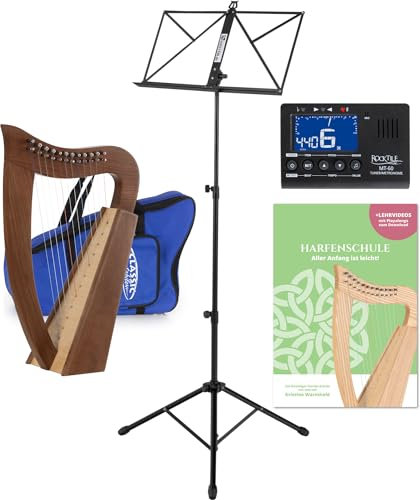 Classic Cantabile H-12 WN Keltische Harfe Set - Kompakte Celtic Harp aus Walnuss - 12 Saiten - In C-Dur gestimmt - inkl. Tasche, Schule, Notenständer und Metro-Tuner & 2 Stimmschlüssel - Höhe: 51 cm
