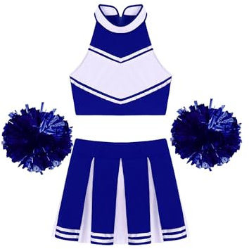 MSemis Damen Cheerleading Kostüm Cheer Leader Uniform Karneval Fasching Party Halloween Kostüm Kleid Minirock mit Crop Top N Ein Königsblau A XL