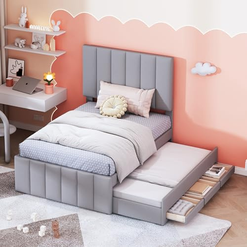 NNJN Letto imbottito con letto pieghevole e cassetti, imbottitura in lino delicato sulla pelle, letto singolo piatto, letto per bambini, letto per gli ospiti (90 x 200 cm, senza materasso) (grigio)
