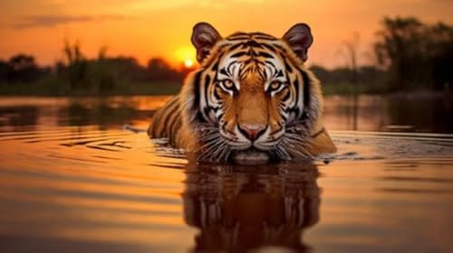 adrium Acryl-Bild 70 x 40 cm: Das Spiegelbild eines prächtigen Tigers spiegelt sich wunderschön im ruhigen Wasser eines ruhigen Teichs wider. Die goldenen (211938659)