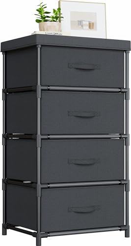 WANGIRL Cómodas y Cajoneras de Tela, Cajoneras Armario con 4 Cajones, Marco de Metal, Cajoneras Dormitorio para Salon, Oficina, Vestidor, Cuarto de Invitados - Negra