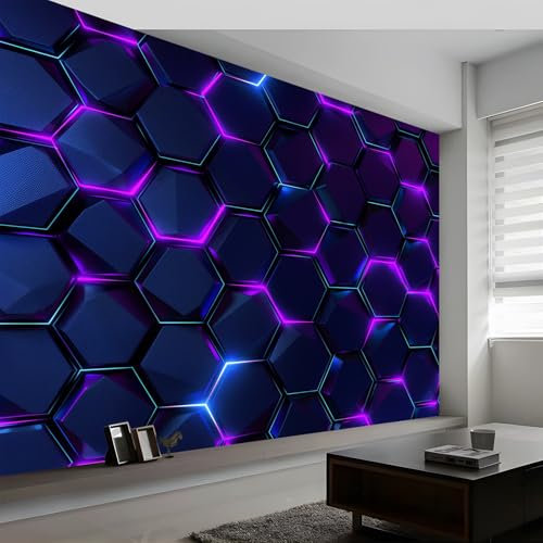 3D Wall Mural Abstract Geometric Hexagon Print Photo Wallpaper, Neon Lights Non-Woven Wall Mural, Decoration Poster Picture Design Modern Mural 350 x 256 cm (WxH) for livingroom Kids Bedroom