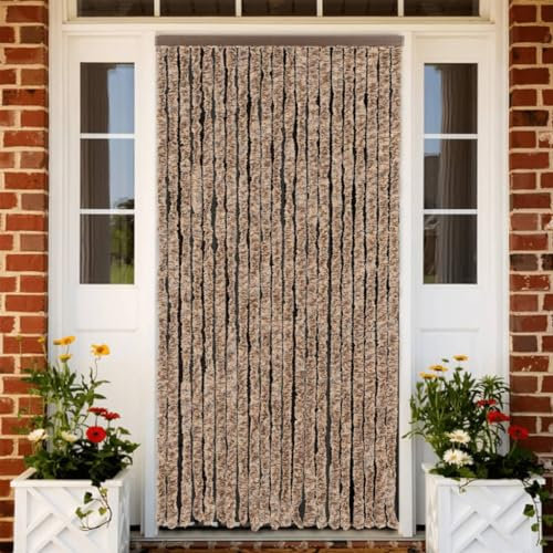 Sufrk Fly Curtain Beige and Dark Brown 56x185 cm Chenille,Chain Fly Screens for Doors,Door Fly Screen Curtain for Indoor and Outdoor Use for Keeping Out Flies, Insects, Wasps