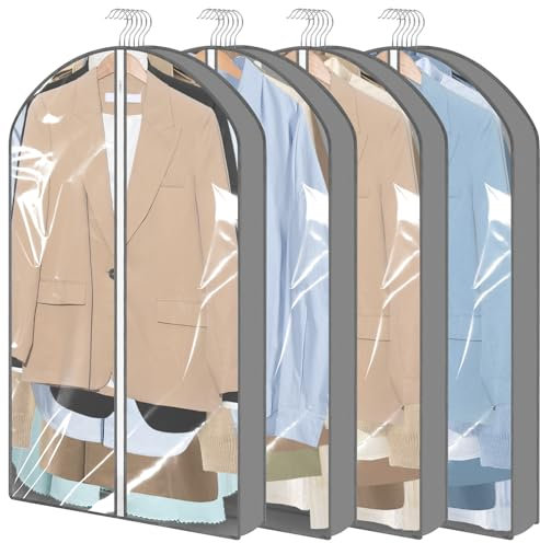 Hejo 4 Pcs Garment Covers, 60 ×100 cm Clothes Covers Protector Bags with Zip, Waterproof Suit Covers for hanging clothes, Washable Suit Bags and Garment Covers for Coat Jackets Dress (Grey)