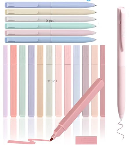 Crrynuo Pastel Highlighters Stationery Set, 12 Aesthetic Highlighters and 6 Gel Pens Stationery Aesthetic Cute Assorted Colors Tip Bible Pens No Bleed for Journaling Notes School Office Supplie
