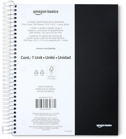 Amazon Basics Wide Ruled Spiral Notebook, Poly Cover, 5 Subject, For Work and School, 200 Sheets, 8.5 x 10.5, Black, 1-Pack