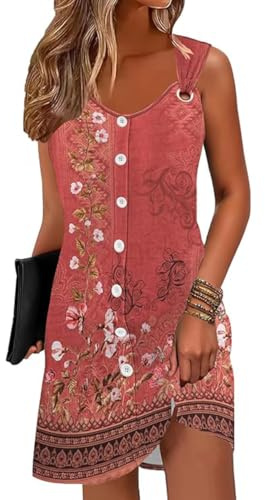 ABINGOO Damklänning Sommar Elegant Ärmlös Boho Kort Klänning V-ringning Tryck Tunika Casual Strandklänningar, Röd, XXL