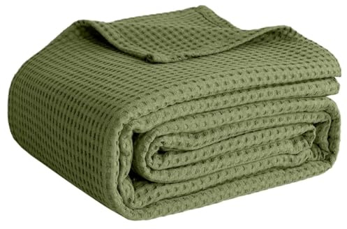 Coperta in 100% cotone, per letto, in tessuto a nido d'ape, per l'estate, leggera e traspirante, morbida coperta per la primavera, colore bianco (verde oliva, copriletto, 127 x 152,4 cm)