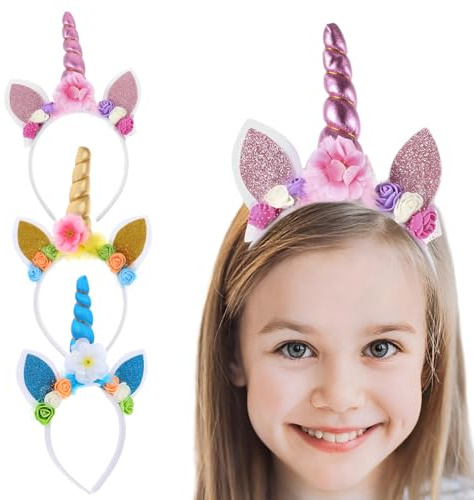 KUMSODE 3 Stück Einhorn Stirnband, Unicorn Horn Stirnband mit Ohren und Blumen, Einhorn Geburtstag Haarreif, Haarschmuck für Ostern Geburtstag Party Karneval, Head Accessoires Party Dekoration