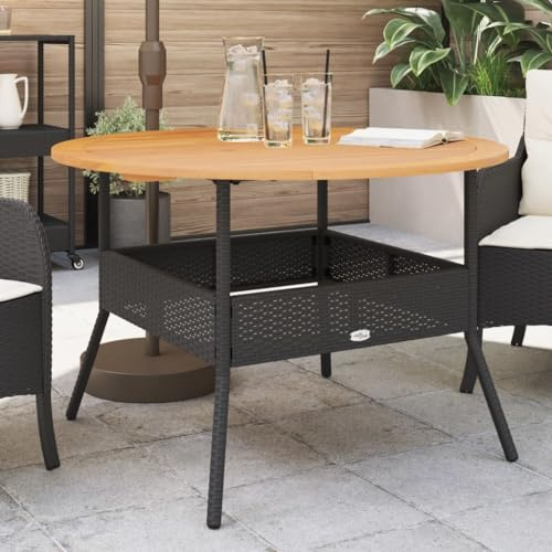 SDWEHO7 Gartentisch Balkontisch Wetterfest Outdoor Garten Terrasse Esstisch mit Holzplatte Schwarz Ø110x71 cm Poly Rattan