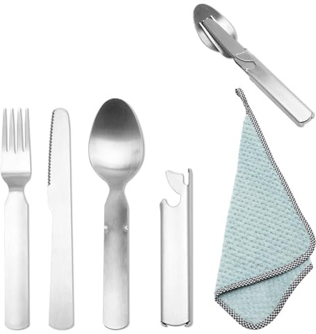 TMZELOA Edelstahl Campingbesteck 4-teilig mit Ein grüner Lappen, Bundeswehr Essbesteck Set, Praktischem Outdoor Reisebesteck, Zusammensteckbar, mit Messer, Gabel, Löffel und Dosenöffner