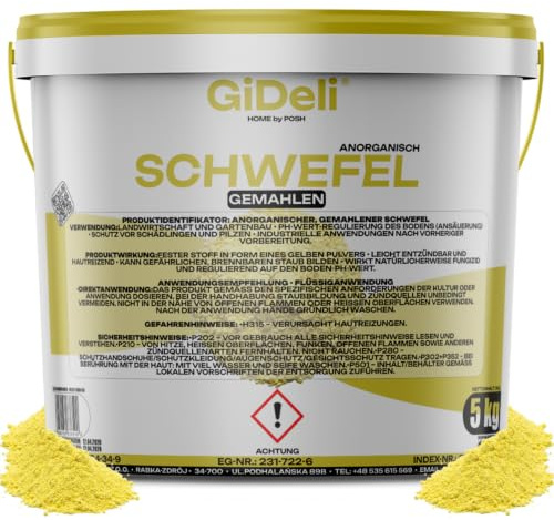 GiDeli Svavelpulver 5 kg oorganiskt 99,9 % fin för kosmetikindustrin golvvård växter svavel i hink