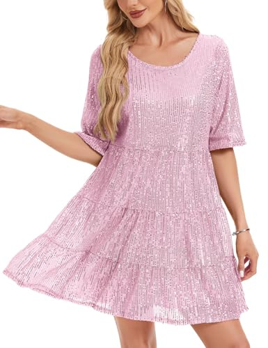 Kyzoeyou Robe à paillettes à paillettes – Robe midi étincelante pour femme – Tunique fluide à volants – Tenue de soirée décontractée à manches courtes
