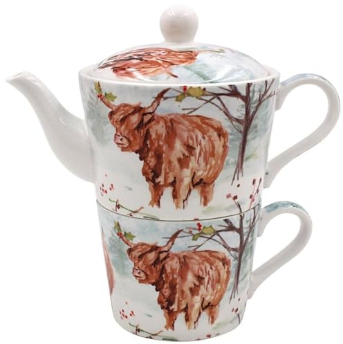 The Leonardo Collection Highland Cow Tea for One Set for Kitchen | Lovely Kitchen Accessories for Home | Without Strainer Tea Pot for Daily Use | Durable for Home & Office