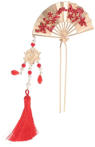 FONDOTIN Ancient Style Enamel Fan Hair Stick with Red Flower Tassel Chinese Hairpin for Women Traditional Metal Craft Hair Chopsticks Versatile Accessory for Weddings Parties and Daily Wear