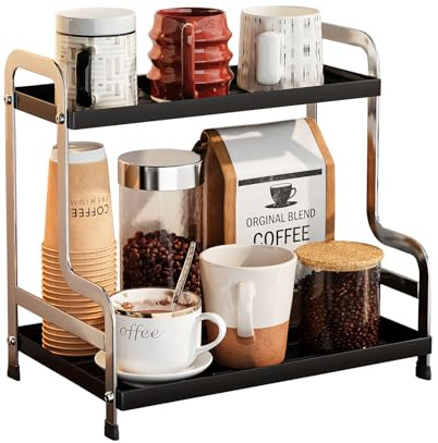 Funtabee® 2-Tier Metal Coffee Station Organiser – Stylish Coffee Bar Accessories & Condiment Storage Rack – Versatile Kitchen Counter, Bathroom & Toiletry Shelf (Black&Silver)