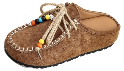 Women's Suede Flat Moccasin Mules with Beaded Casual Comfortable Round Toe Soft Sole Slip On Clogs for Daily Work Anti-Slip Walking Slides (Brown,8.5)