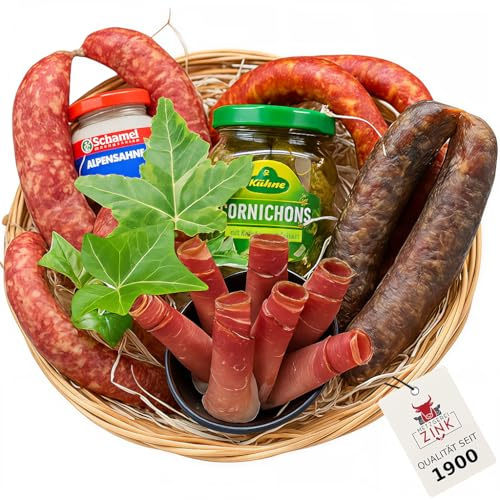 ZinksWurst© Wurst Fleisch Geschenk-Set, Männer Wurstkorb Geschenkkorb, deftige Wurstspezialitäten mit Pfefferbeißer Debrecziner Bratwürste Schinken Meerrettich & Cornichons, Papa Geschenk