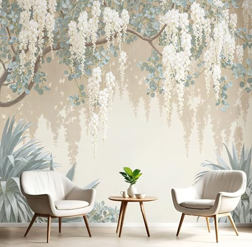 JEDTAKCT Papier Peint Panoramique Glycine Rêveuse 350X256Cm (Lxh) - Revêtement Mural Décoration Pour Chambre Salon Cuisine - 3D Peinture Murale Interieur Paysage Végétal Simple - Beige