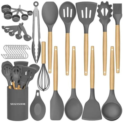 Kitchen Essentials 33Pcs Silicone Cooking Utensils Set | Non-Stick Heat-Resistant Kitchen Tools with Wooden Handles | Spatula, Spoon & Turner Set | Durable, Eco-Friendly Utensils - Grey