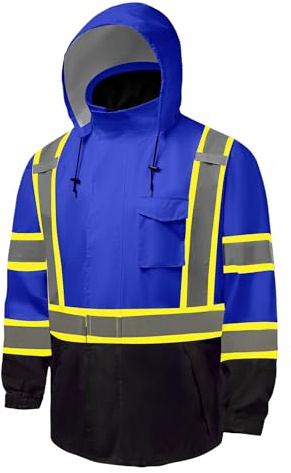 FFTSAFEWARP Hi Vis Rain Jackets for Men Reflective Waterproof High Visibility Class 3 Safety Rain Coat with Black Bottom,Removable Hood