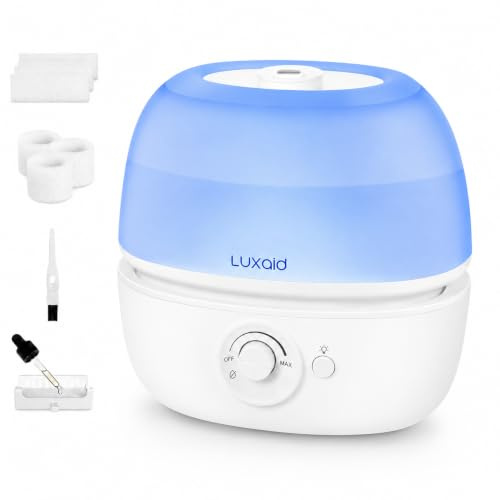 Luxaid 3L Cool Mist Humidifier for Bedroom, Top Fill, Quiet, Night Light | 20dB Quiet, 30H Runtime, Optional Night Light, Wide Top-Fill Tank, Smooth Mist Control, Easy-Clean Base, Aroma Tray