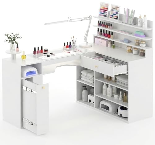 Lavoker Nail Desk for Nail Tech 60 inch L-Shaped Manicure Table Nail Station with Glass Table Top White Nails Table with Shelves Drawer Storage Space.