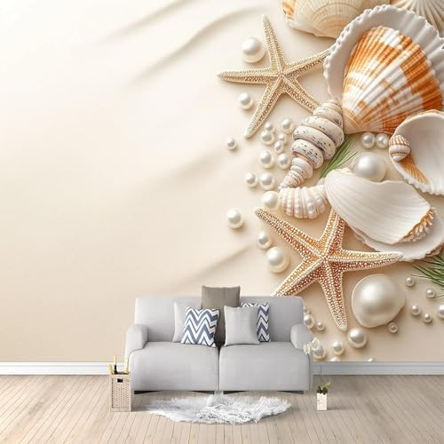 Fotomurales Decorativos Pared Tema del Mar 3D Mural Autoadhesivo Pared Beige Papel Pintado Tela de Seda Papel Tapiz Panorámico 200x140 cm B-0255
