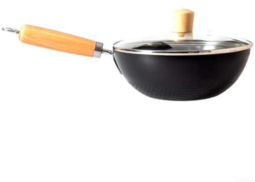 Wok de estilo japonés sin revestimiento de 20 cm para cocina de inducción, estufas de gas y eléctricas, wok de una sola porción con mango ergonómico para freír, saltear y cocinar a fuego lento (B-28