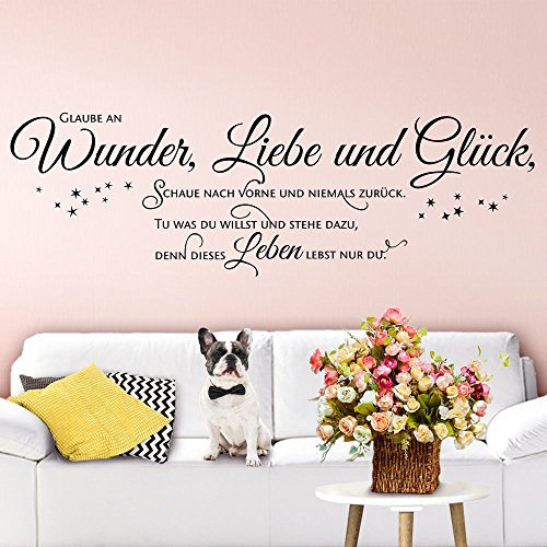 Wandaro W3403 Wandtattoo Spruch Glaube an Wunder Liebe Glück I schwarz 160 x 45 cm I Wohnzimmer Aufkleber Wandsticker Schlafzimmer Wandaufkleber