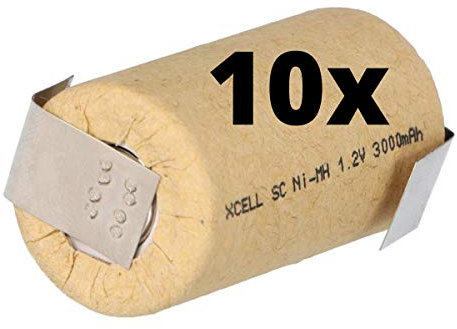 XCell SUB-C - Pilas recargables (10 unidades, 3000 mAh, 1,2 V, NIMH, con bandera de soldadura en Z, de alto rendimiento, calidad industrial)