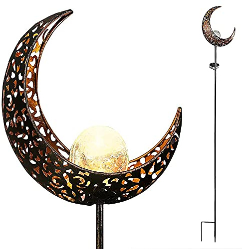 Starryfill Moon-Shaped Garden Solar Lights, Outdoor Bronze Metal Waterproof Stake with Crackle Glass Globe Warm White LED for Pathway Lawn Patio or Courtyard