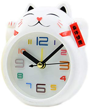 LIOOBO Gatto Fortunato Sveglia Orologio da Tavolo in Plastica Gatto Fortunato Decorazione Desktop da Tavolo per Cameretta Cameretta per Bambini (Bianco) Senza Batterie