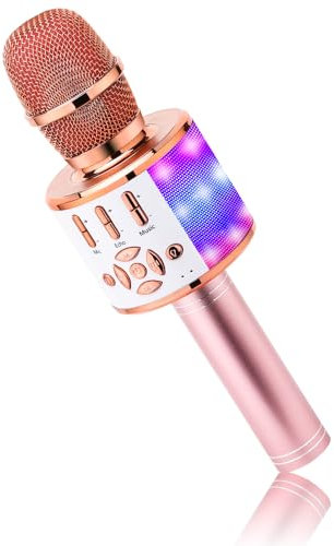 BONAOK 4 in 1 Drahtlos Tragbare Karaoke Mikrofon Lautsprecher,LED, Kinder, Heim KTV Karaoke Gerät, kompatibel mit iOS Android Bluetooth Geräten (Roségold)