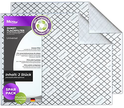 McFilter | 2 filtres plats compostables avec indicateur de saturation pour hotte aspirante, recoupables universels 57 x 47cm, filtre hotte aspirante