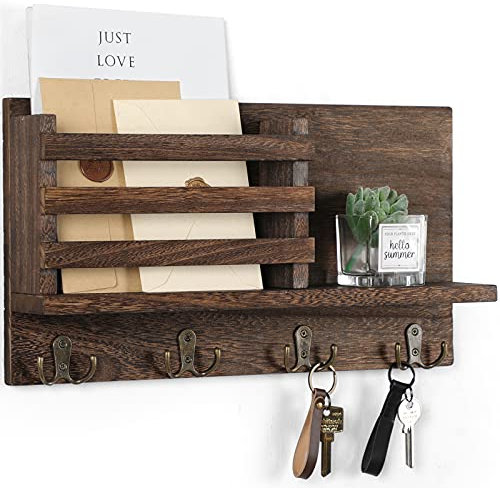 Lwenki Schlüssel und Posthalter für die Wand Rustikales natürliches PaulowniaHolz 4 DoppelhakenAufhänger WandOrganizer für Dekoration Taschen Zubehör Hardware und Handbuch enthalten (braun)