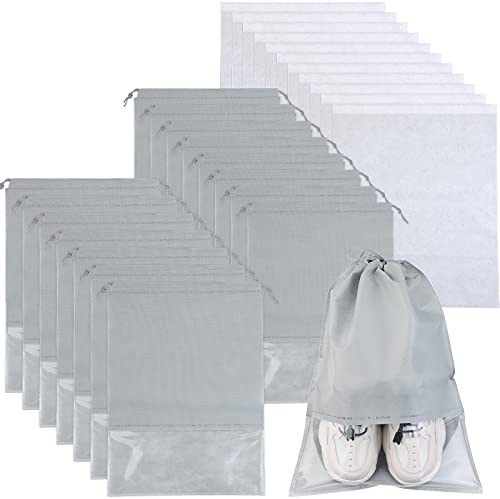 25 Stücke Schuh Aufbewahrung Tasche Staubdichte Kordelzug Aufbewahrung Beutel wasserdichte Schuhe Tasche Tragbare Vliesstoff Schuhe Beutel mit Transparentem Fenster (Grau, Weiß)