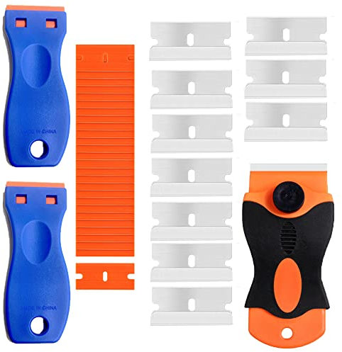 3 pezzi raschietti a lama di rasoio in plastica con 110 lame, BOSOIRSOU Guarnizione Etichette Decalcomania Sticker Remover Strumento raschietto Finestra Tinta Vinile Raschietto Colla Remover
