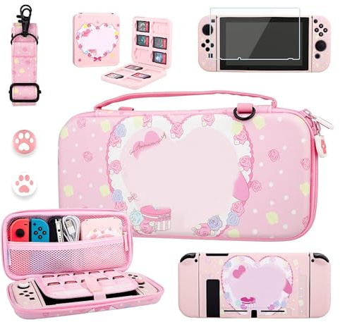 RHOTALL Niedliche Hasen-Tragetasche für Nintendo Switch, Rosa Tragbare Reisehülle Zubehör Bundle für Switch mit Schutzhülle, Schultergurt, Spielkartenetui, Displayschutzfolie und 2 Daumenkappen