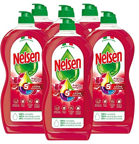 6x Nelsen Argilla e Melograno Detersivo Liquido per Piatti Bicchieri Posate Stoviglie ad Azione Extra Sgrassante Detergente Antiodore Formula a Lunga Durata per Lavaggio a Mano - 6 Flaconi da 900ml