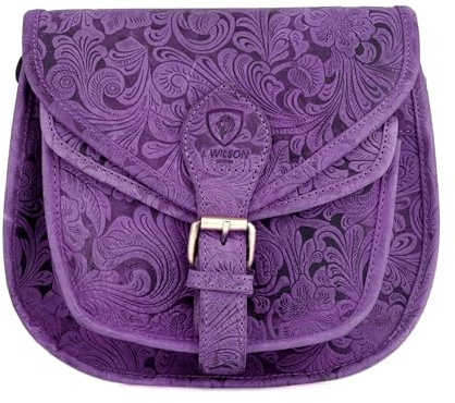 J. Wilson London - Sac à bandoulière en cuir vintage rétro digne d'un festival Gypsy, style délavé, fait main, avec rabat, pour femmes, unisexe, idéal pour les voyages, Fleur violet., M