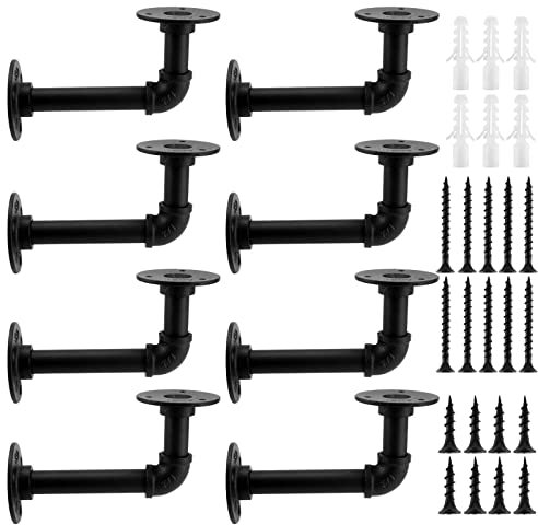 KOHAND 8 Pack Industrial Pipe Brackets, Black Pipe Shelving Brackets with Screws and Hard Wall Anchors, Pipe Brackets for Shelves,Scaffold Board and Home Decoration