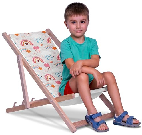DreamRoots Kinder Liegestuhl Holz Gr. S, Pink Rainbow | Klappbarer Campingstuhl faltbar, für Garten & Strand, bis 130 kg, waschbarer Bezug, 100% Polyester, UV-beständig, Kinderliege