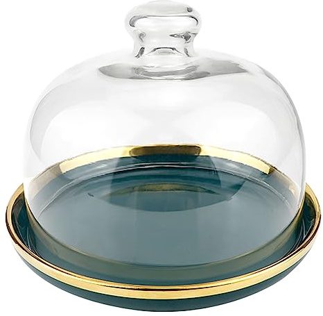DOERDO DD 6 Inch Cake Stand with Dome, Green | Ceramic Serving Platter, Clear Glass Cake Dome, For Macaron, Cheese, Desserts, 6x4.7 Inch